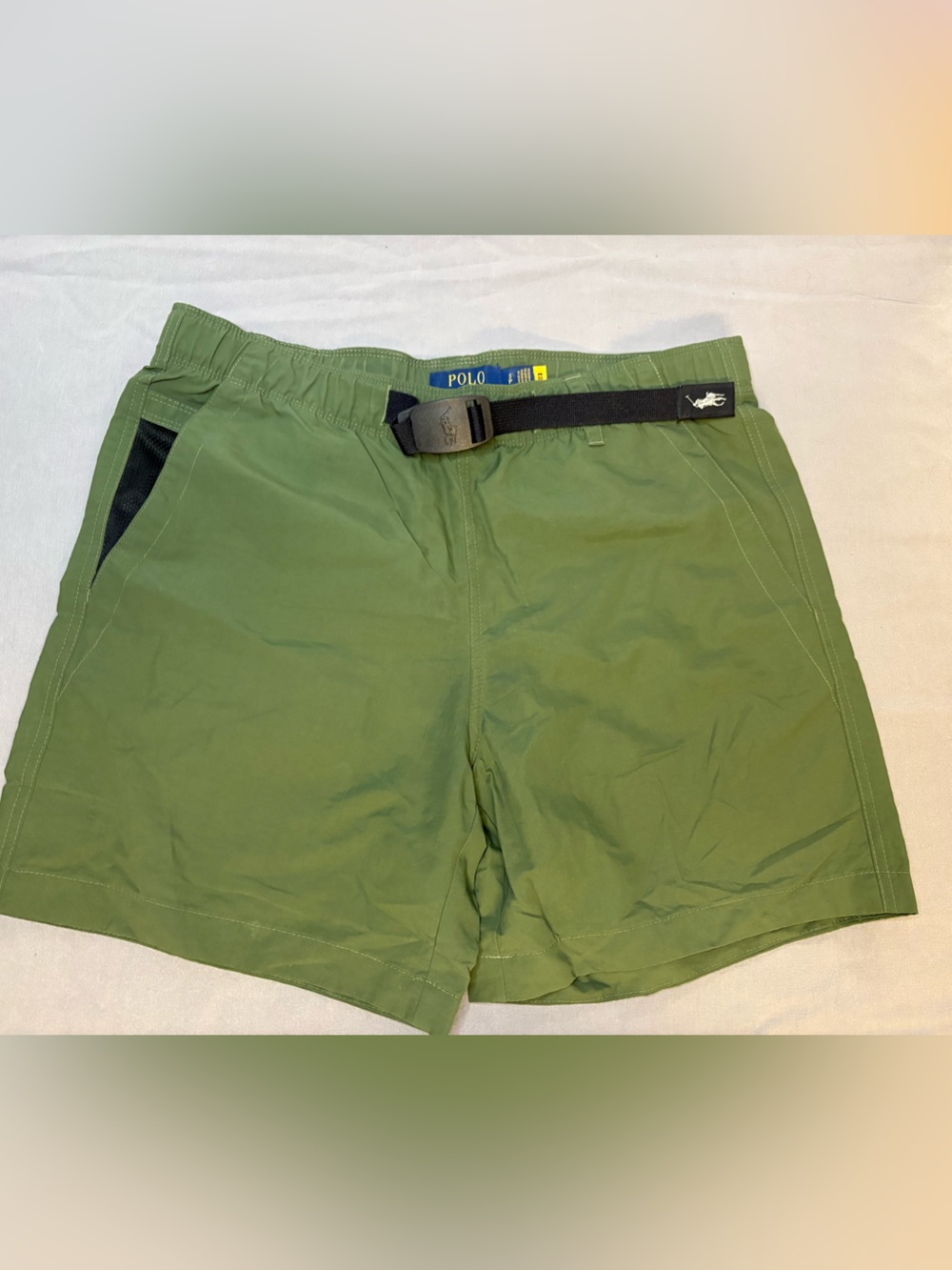 Ralph Lauren Green Nylon Swim Trunks with Navy Logo Tag